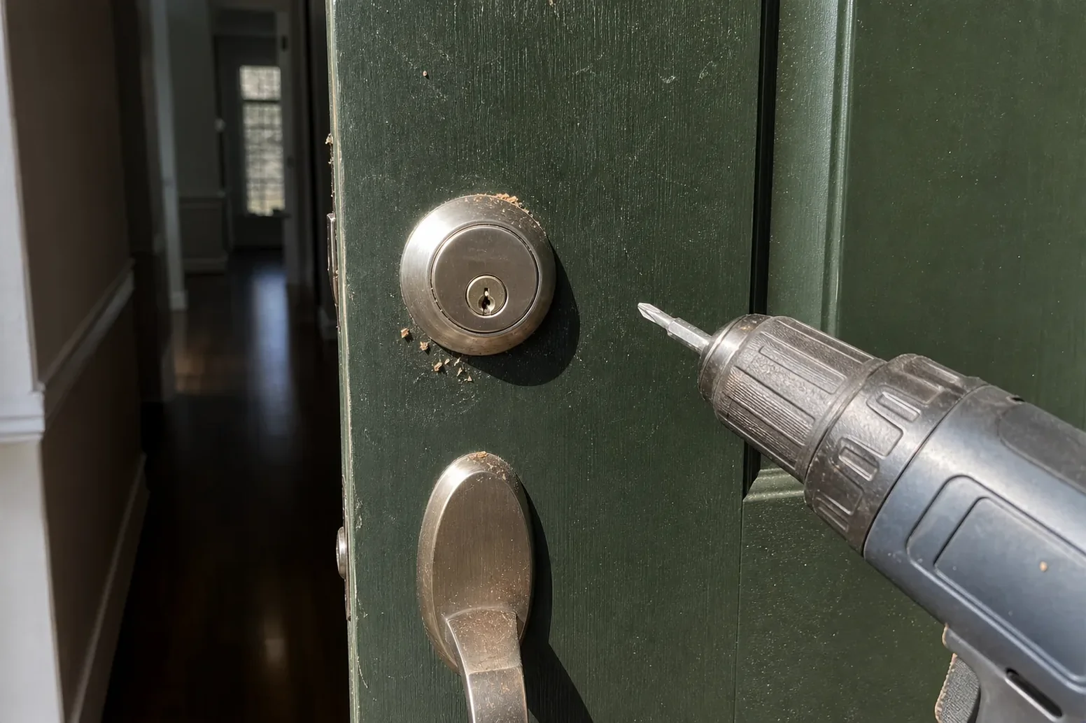 New deadbolt being installed in a front door
